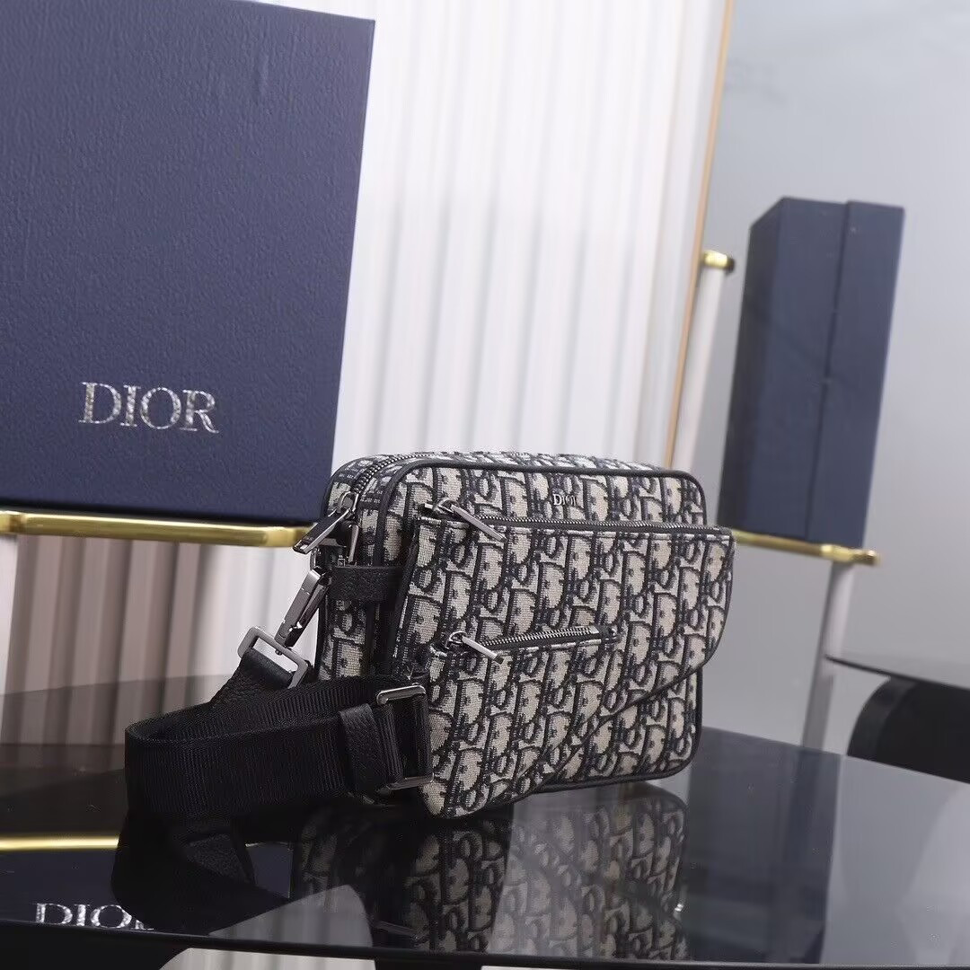 D*or saddle triple pouch beige and black D*or oblique jacquard 18x25x5cm