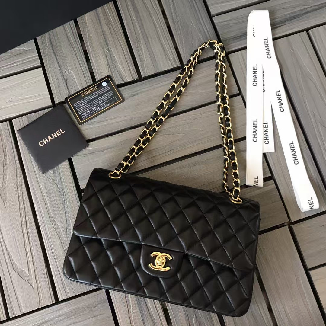 Ch*el small classic handbag gold  metal black 14.5×23×6cm