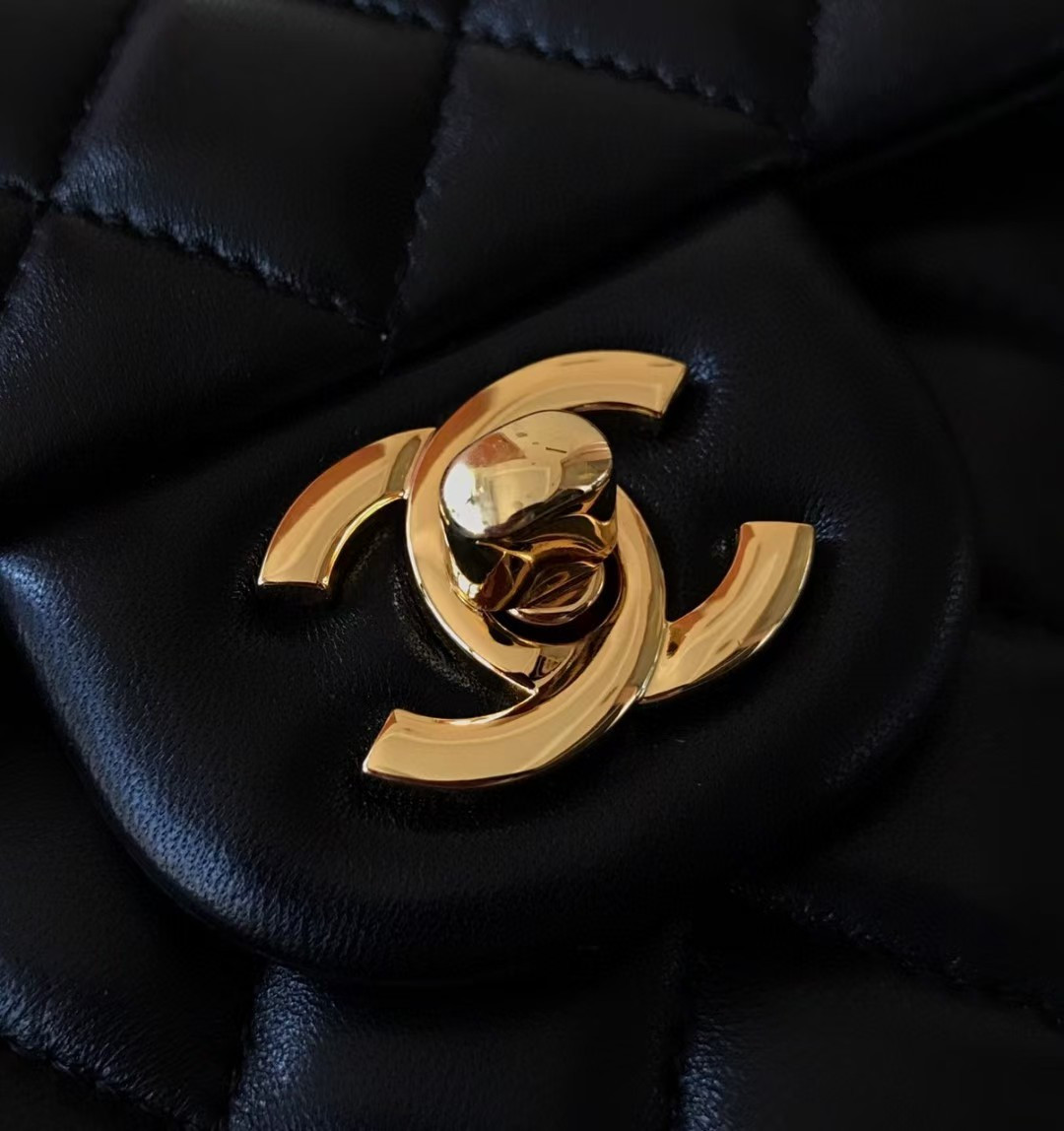 Ch*el small classic handbag gold  metal black 14.5×23×6cm