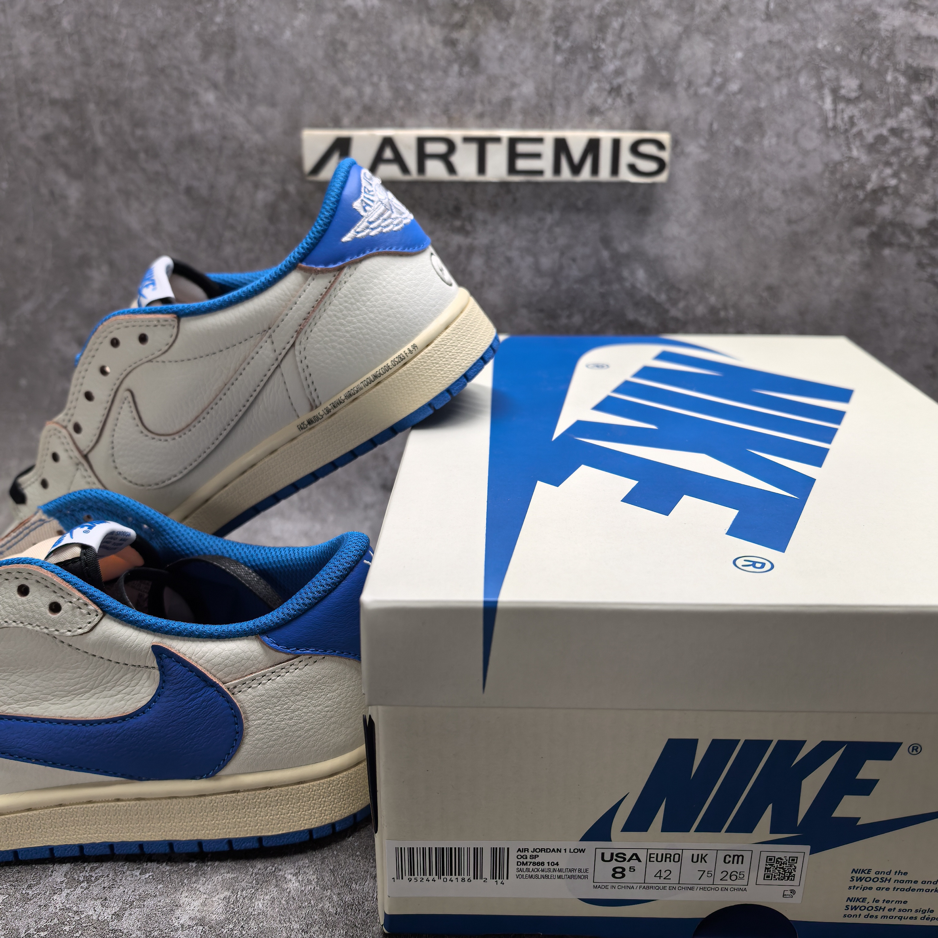 UA Air Jordan 1 Retro Low OG SP Fragment x Travis Scott Sail Military Blue