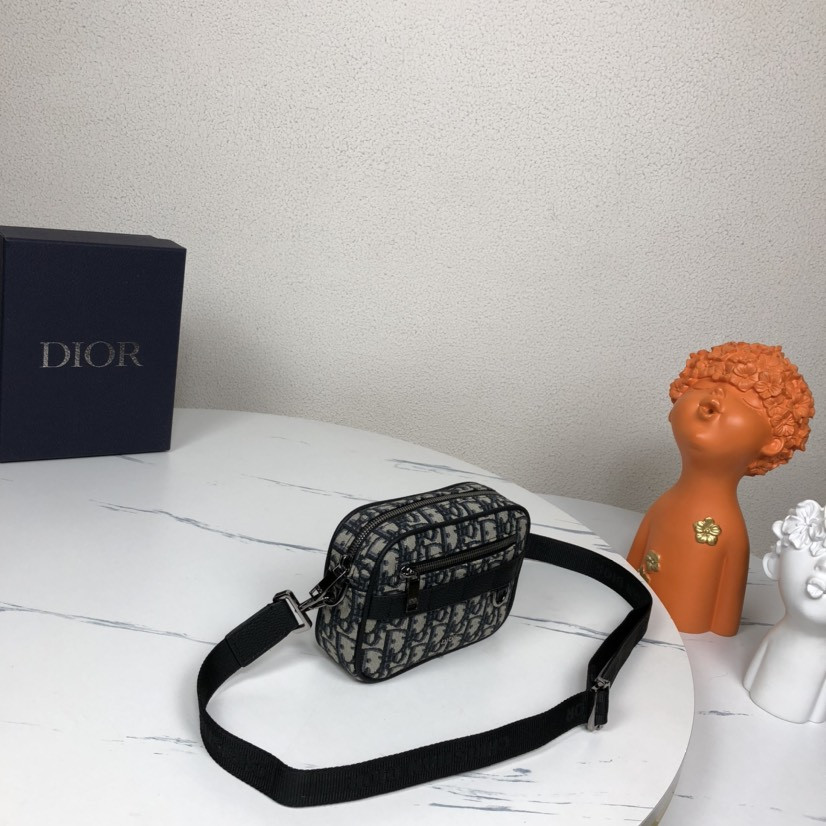 D*or mini safari bag with strap beige and black D*or oblique jacquard 6.5 x 5 x 1.5 inches