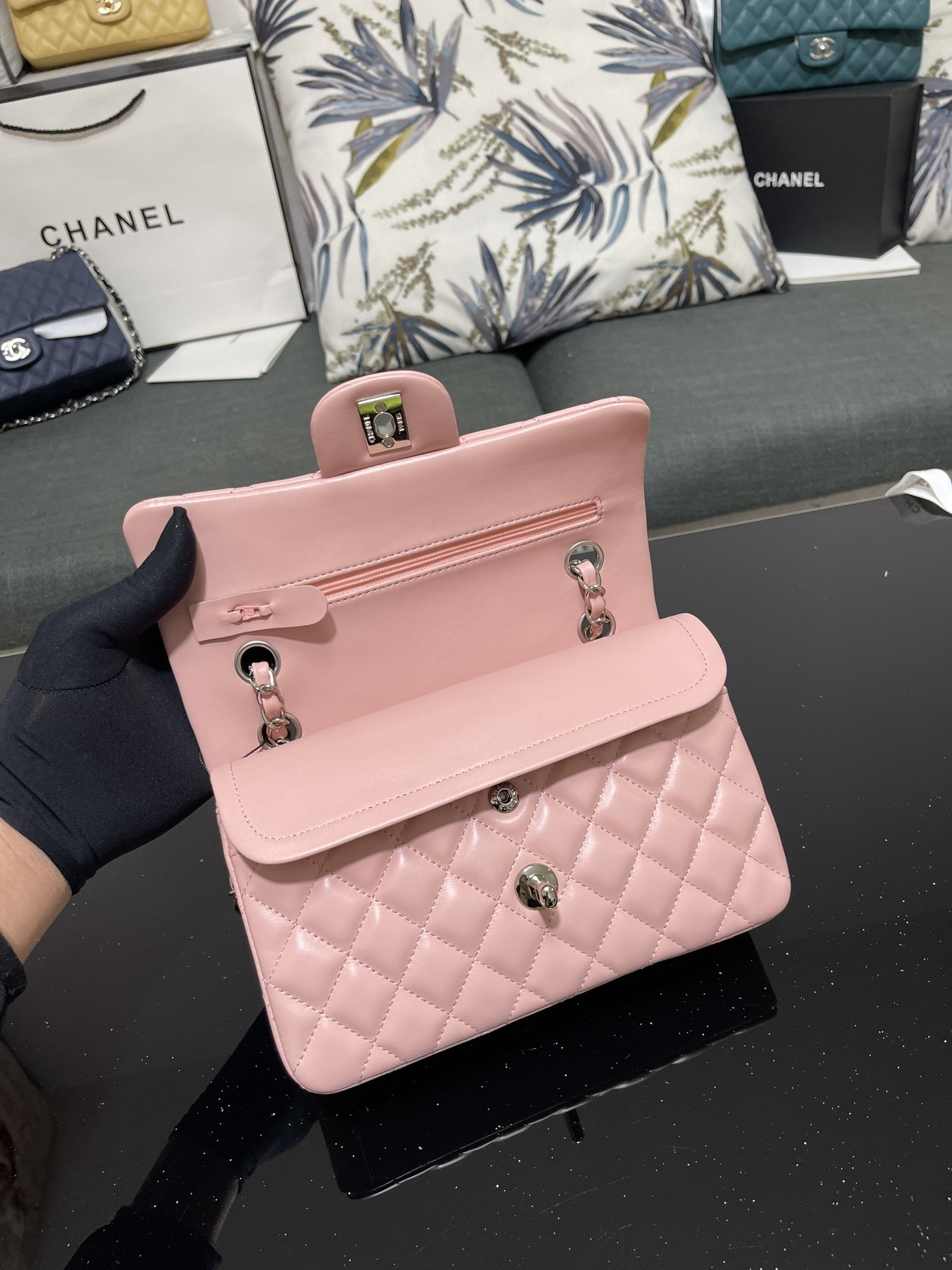 Ch*el small classic handbag lambskin pink 5.7 × 9 × 2.3 in