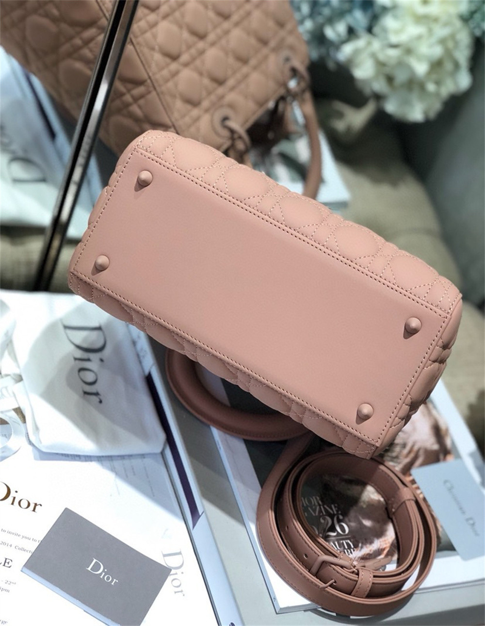medium lady D*or bag 9.5 x 8 x 4.5 inches