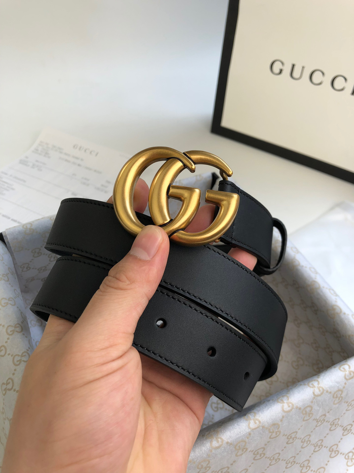 G*u*i wide leather belt with double g buckle 3.5