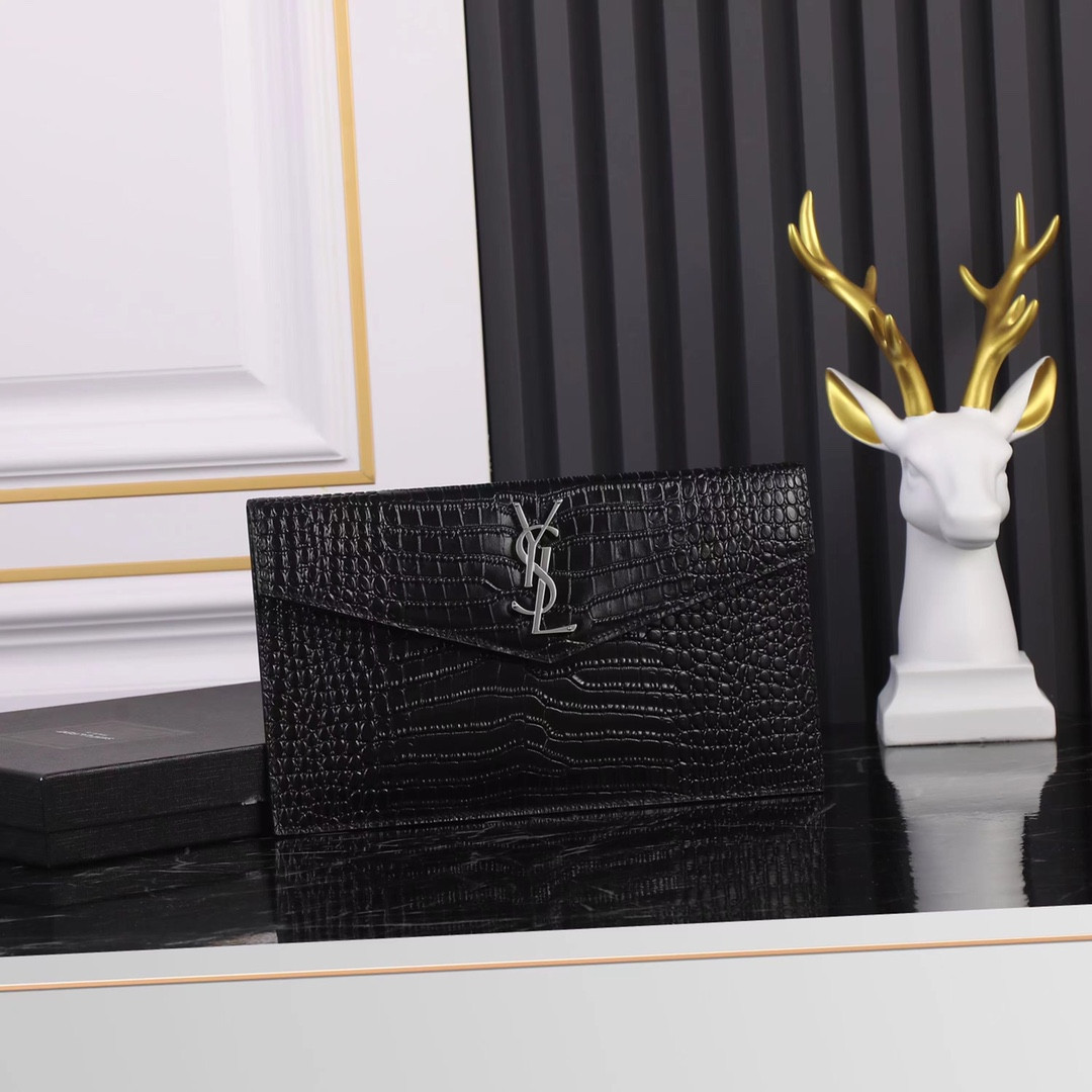 Y*L uptown pouch in crocodile-embossed shiny leather black 10.6 x 6.2 x 0.7 inches