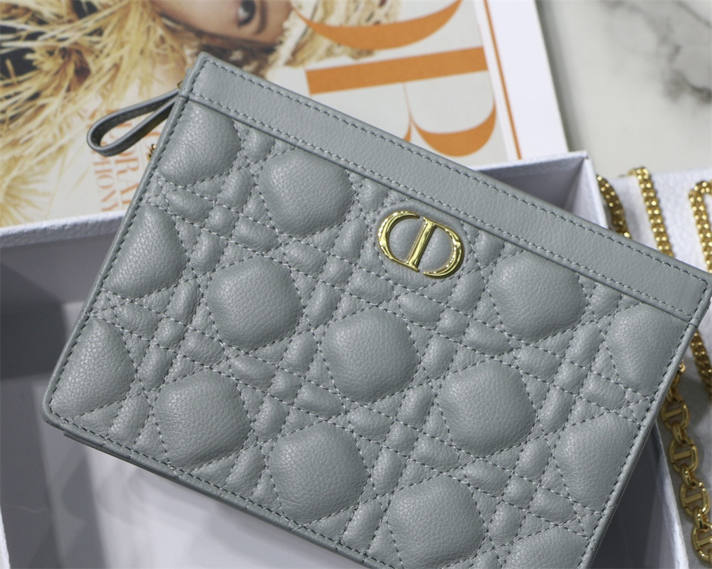 d*or caro zipped pouch with chain grey S*pple cannage calfskin 19 x 14 x 4.5 cm