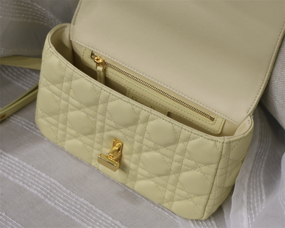small d*or caro bag light yellow S*pple cannage calfskin 20 x 12 x 7 cm