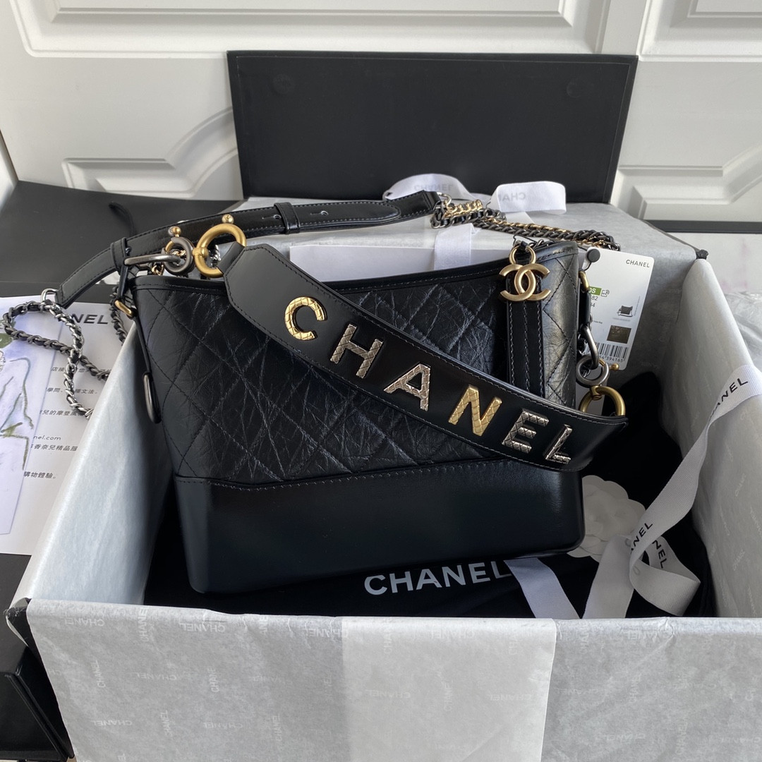Ch*el  gabrielle small black with shoulder strap letters 20 x 15 x 8cm