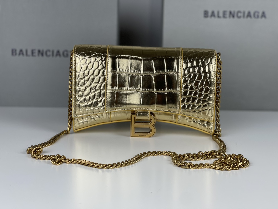 Ba*len*cia*ga women's hourglass wallet on chain crocodile embossed in gold l7.6 x h4.7 x w1.9 inch