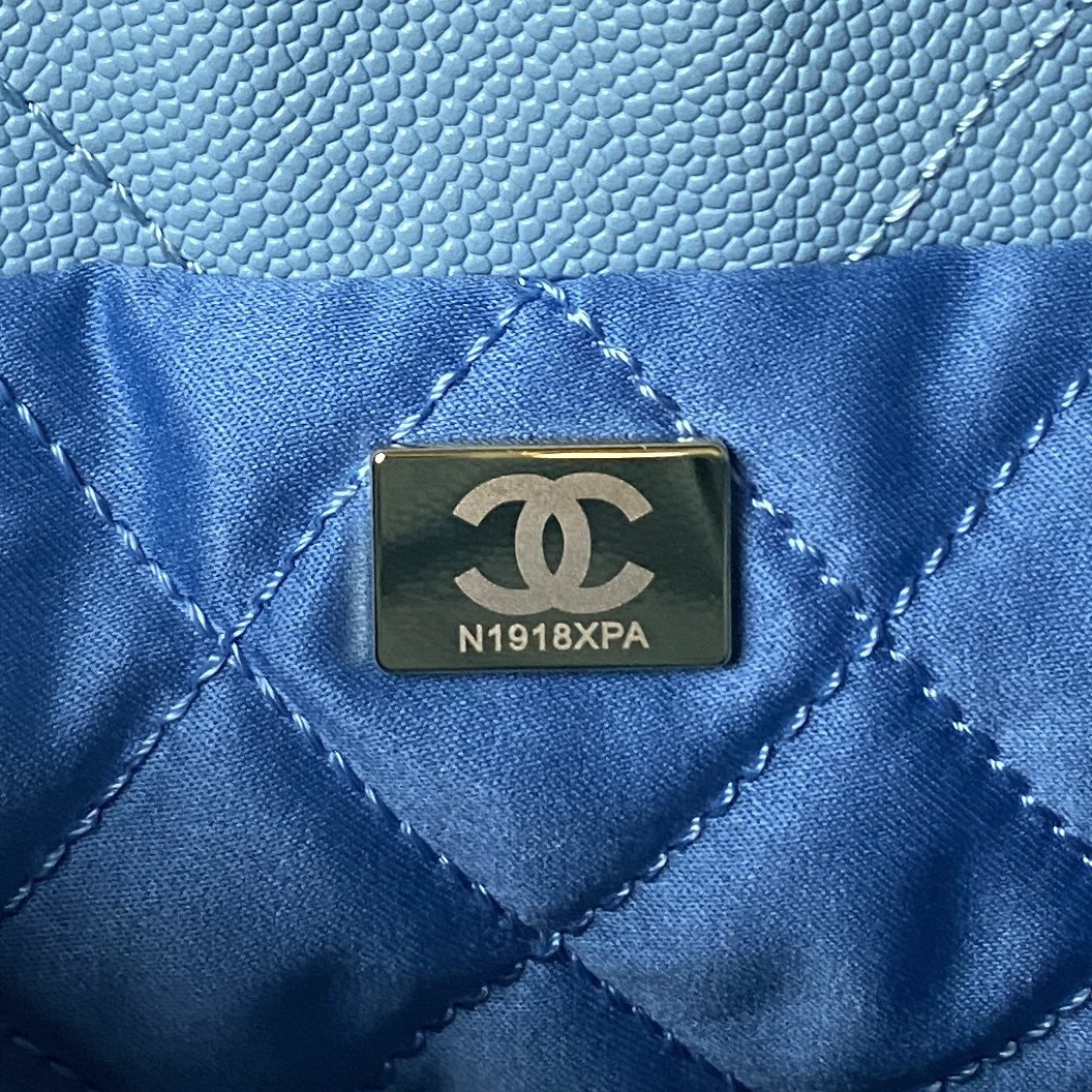 Ch*el 22 mini handbag grained leather blue 7.8 × 7.4 × 2.3 in