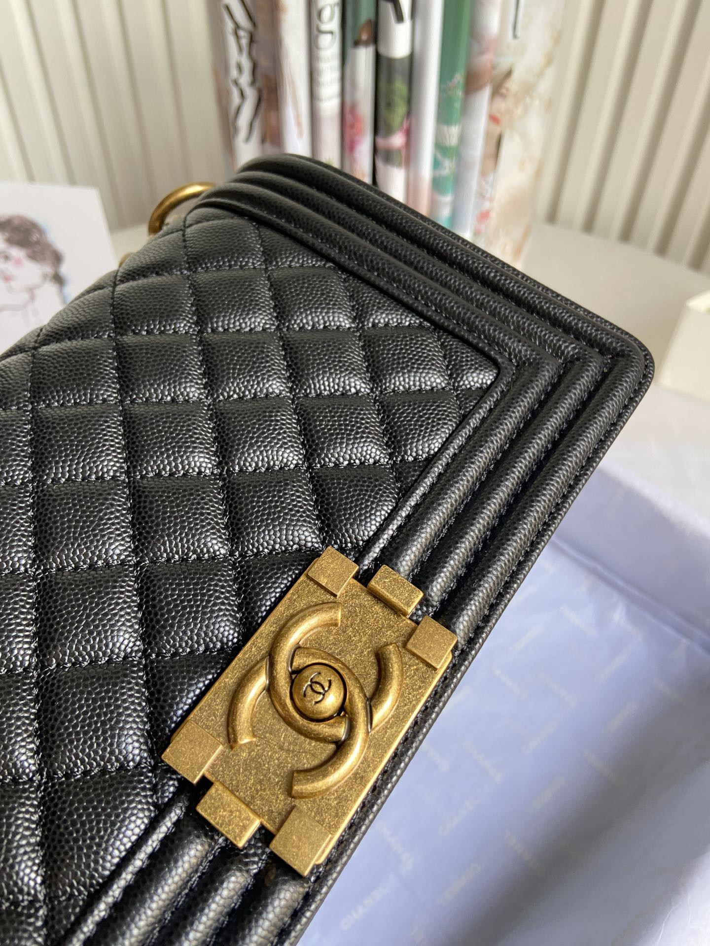 boy Ch*el handbag shiny grained calfskin 5.9 × 9.8 × 3.5 in