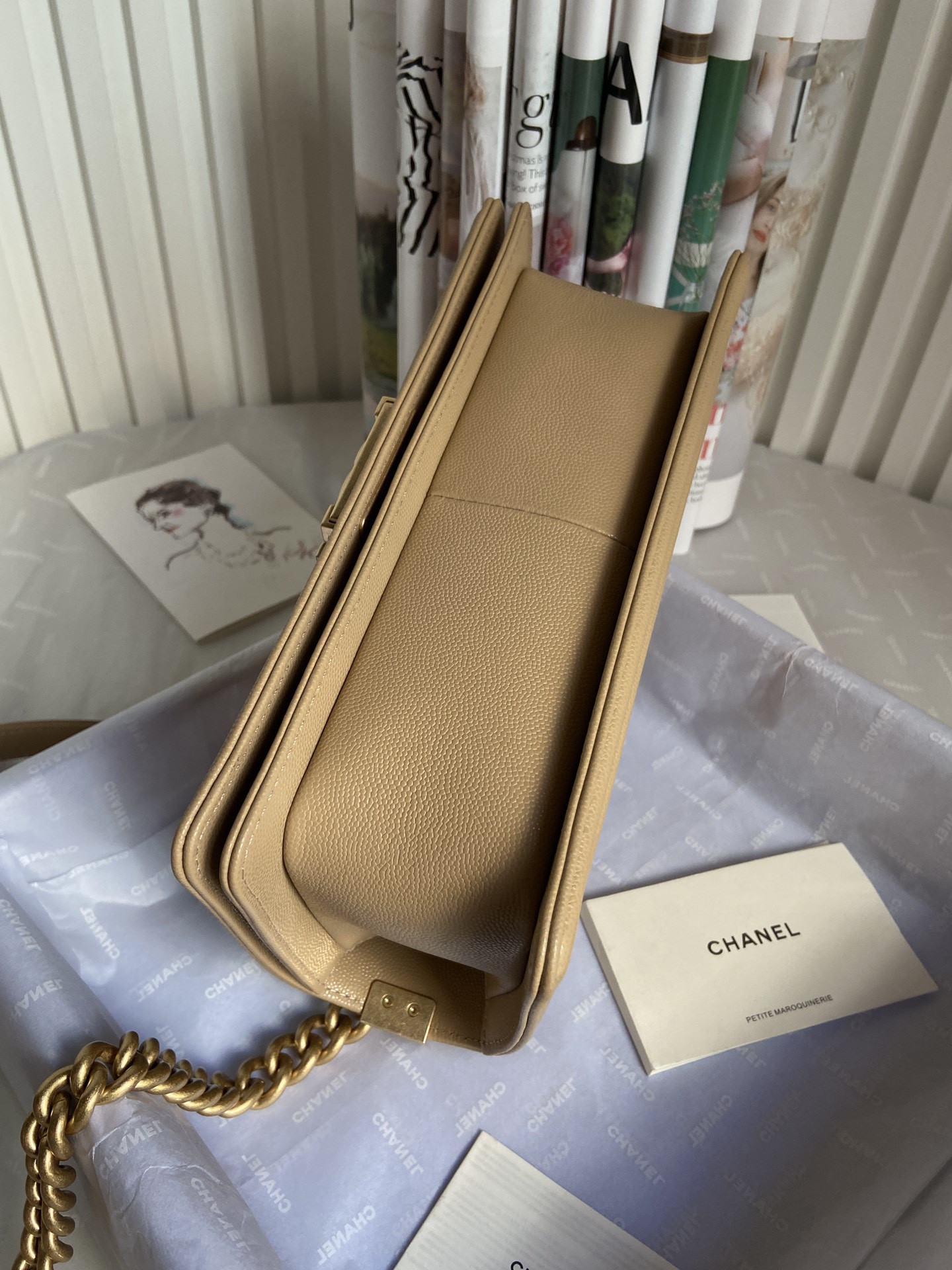 boy Ch*el handbag shiny grained calfskin brown 5.9 × 9.8 × 3.5 in