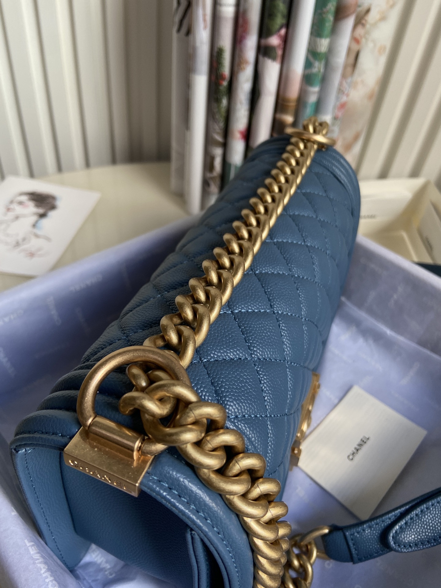 boy Ch*el handbag shiny grained calfskin & gold-tone metal blue 5.9 × 9.8 × 3.5 in