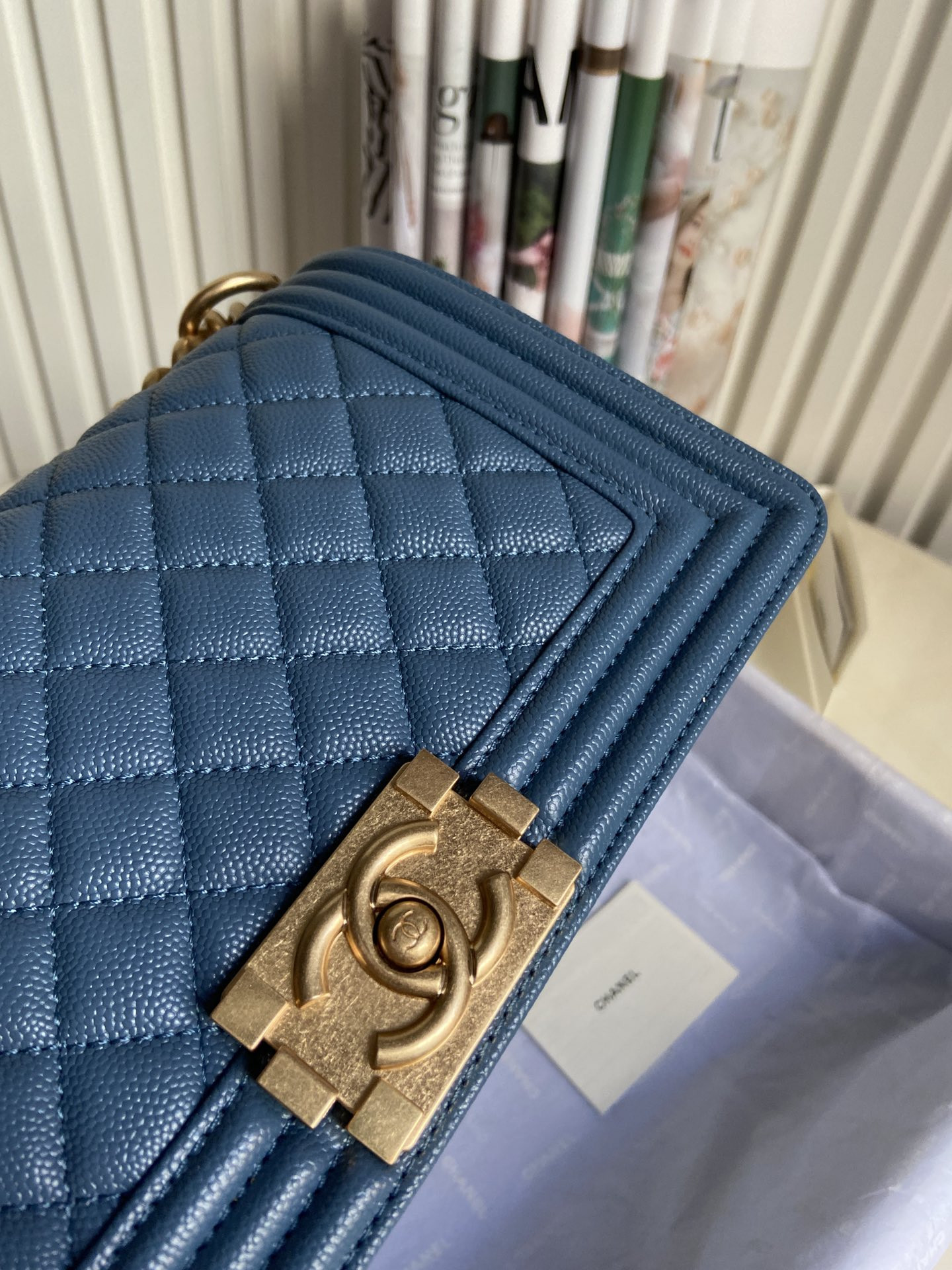 boy Ch*el handbag shiny grained calfskin & gold-tone metal blue 5.9 × 9.8 × 3.5 in