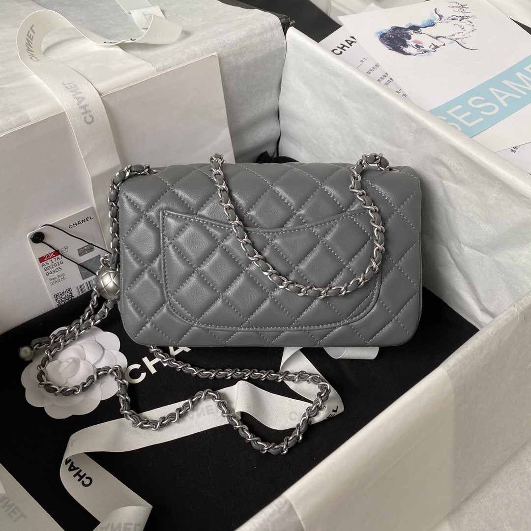 Ch*el mini flap bag shiny calfskin & silver-tone metal gray 4.7 × 7.8 × 2.3 in