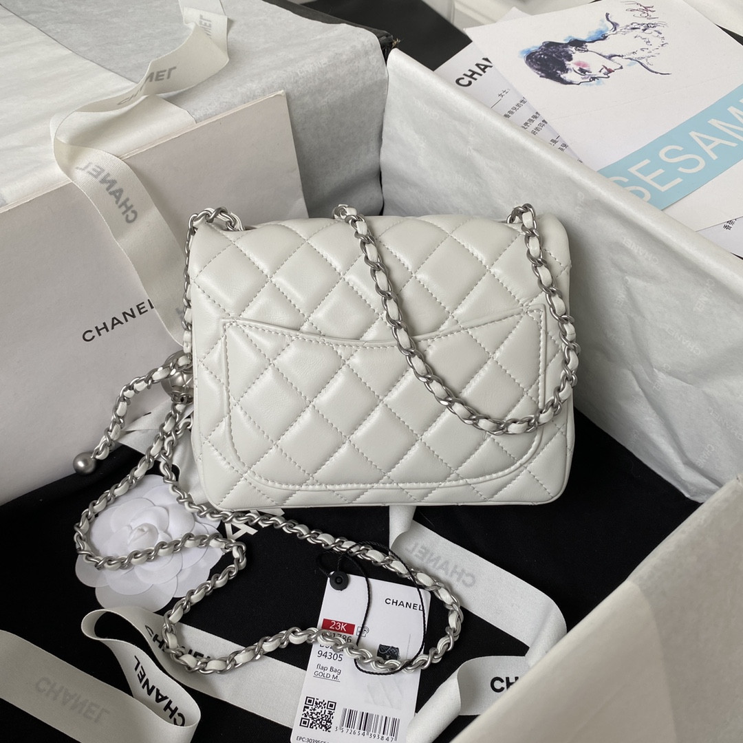 Ch*el mini flap bag shiny calfskin & silver-tone metal white 5.3 × 6.6 × 3.1 in