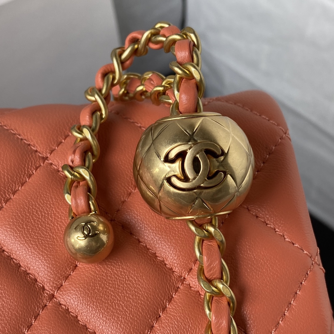 Ch*el mini flap bag shiny calfskin & gold-tone metal orange 5.3 × 6.6 × 3.1 in