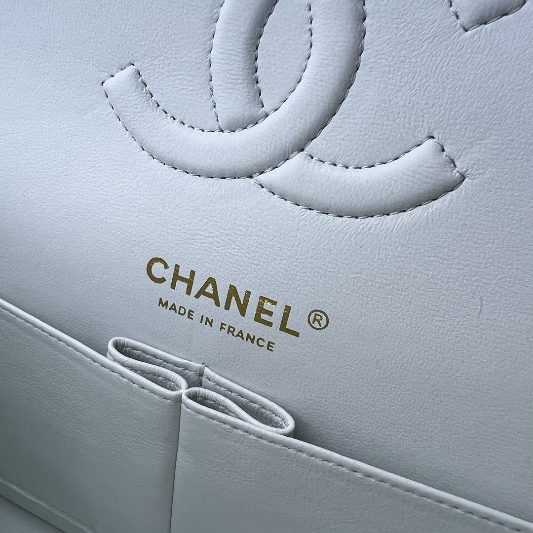 Ch*el classic handbag grained calfskin & gold-tone metal white 6 × 9.9 × 2.5 in