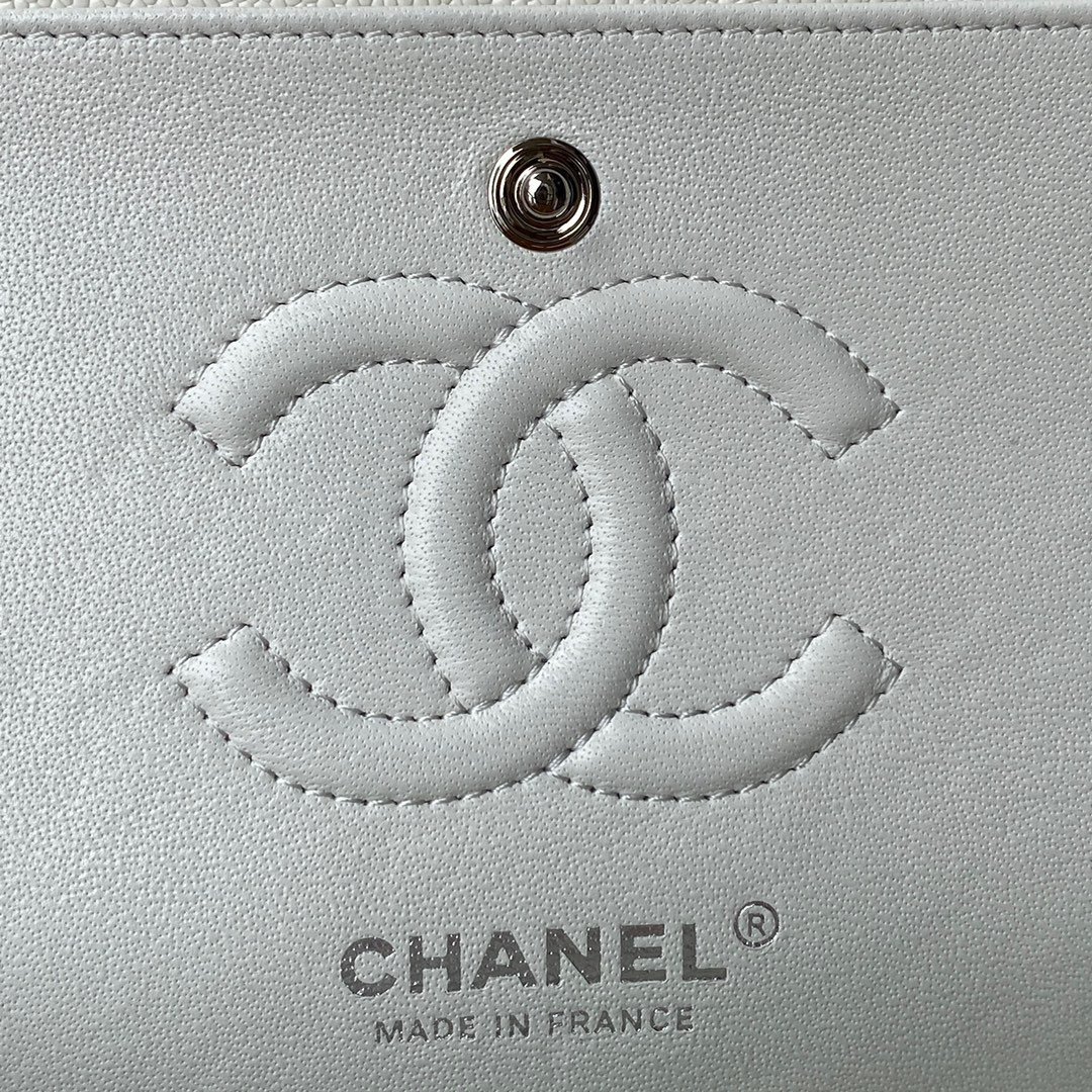 Ch*el small classic handbag grained calfskin & silver-tone metal white 5.7 × 9 × 2.3 in