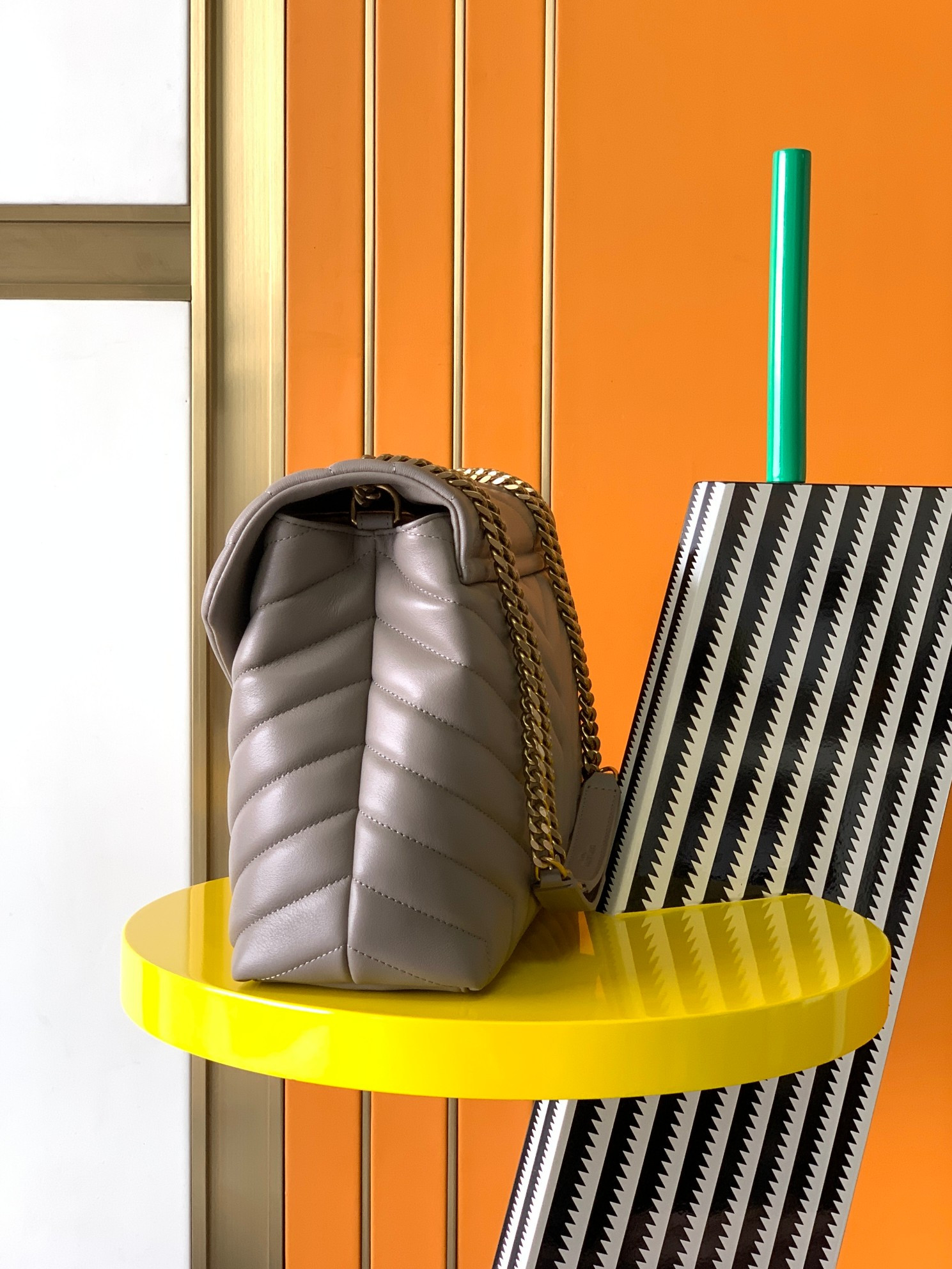 Y*L loulou medium in quilted leather gray 12.5 x 8.6 x 3.5 inches