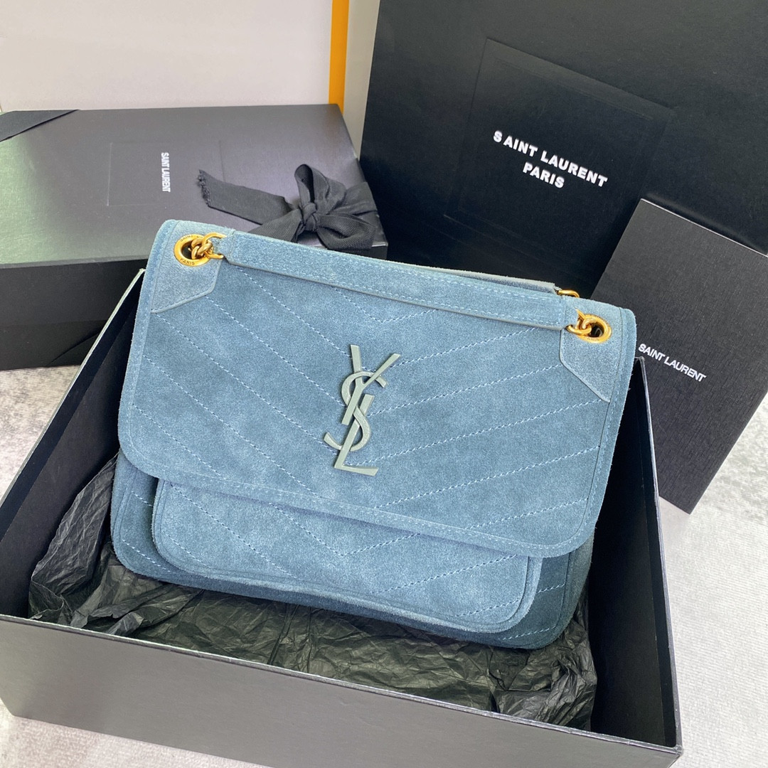 Y*L niki medium in suede blue 11 x 7.8 x 3.3 inches