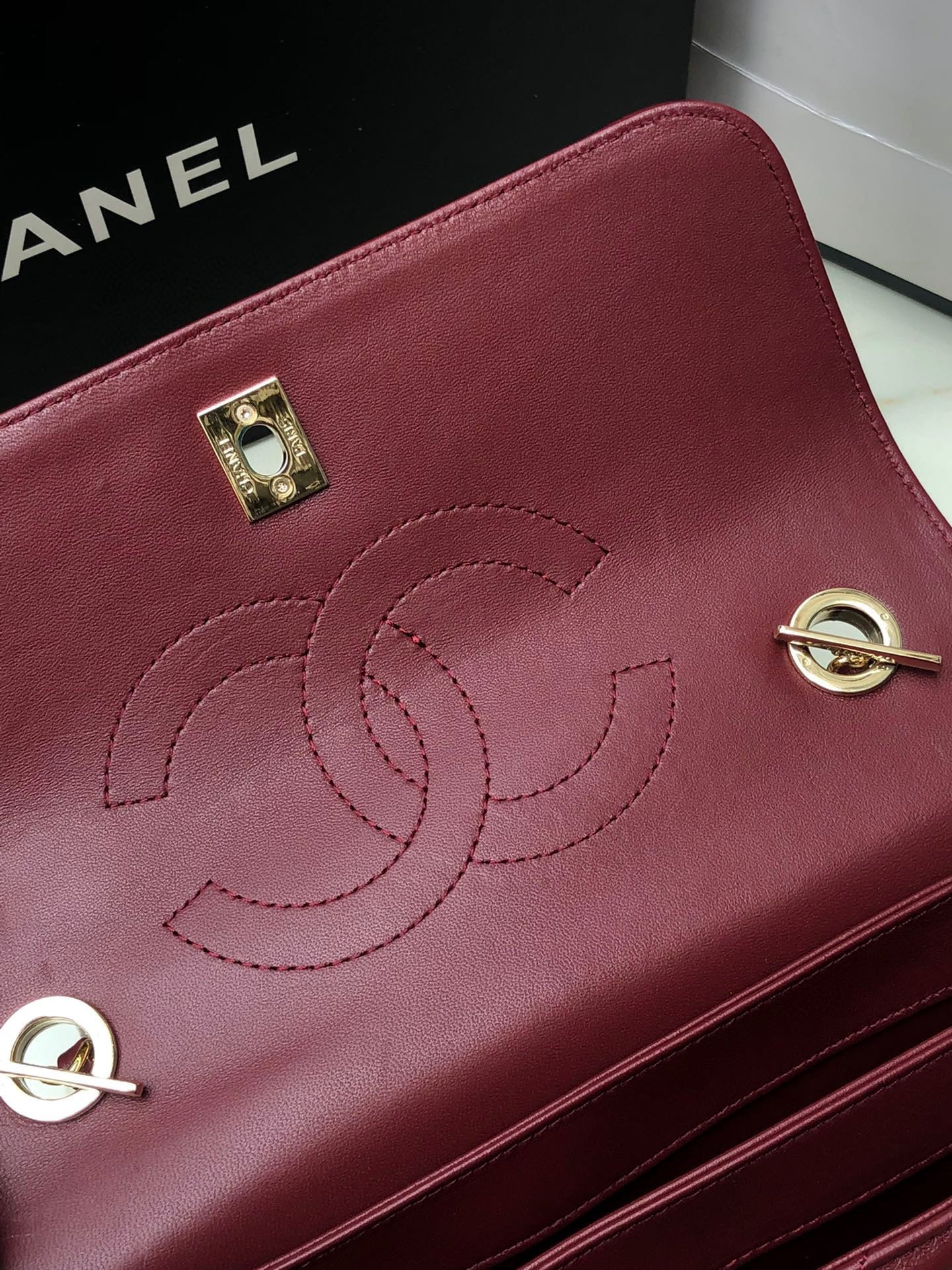 Ch*el flap bag with top handle red 6.6 × 9.8 × 4.7 in