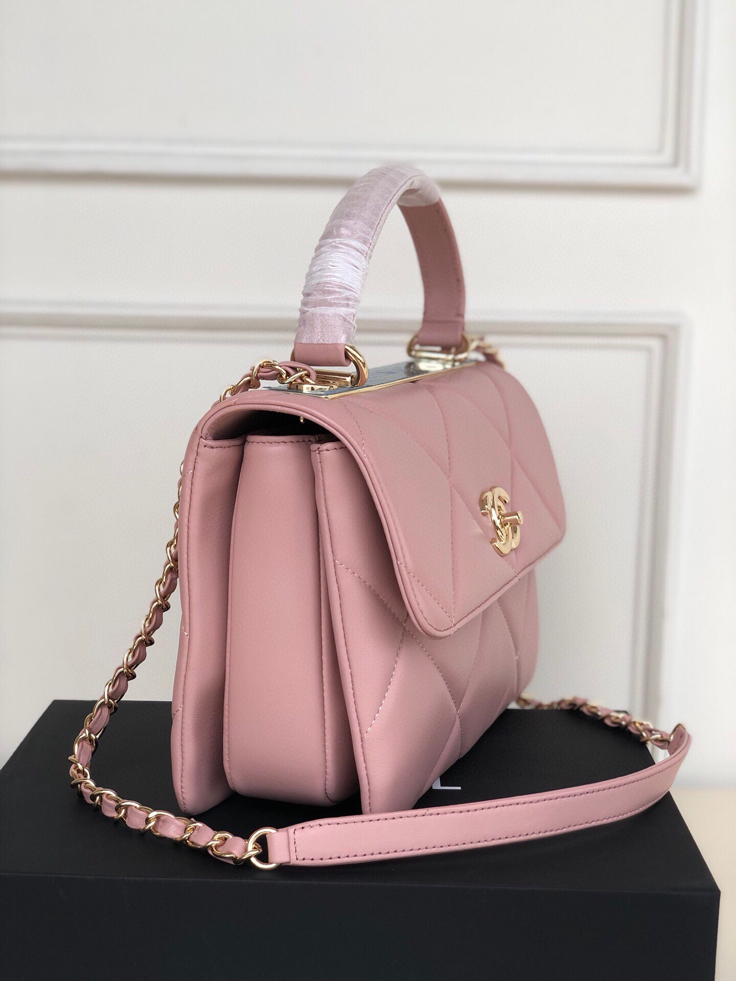 Ch*el flap bag with top handle 6.6 × 9.8 × 4.7 in