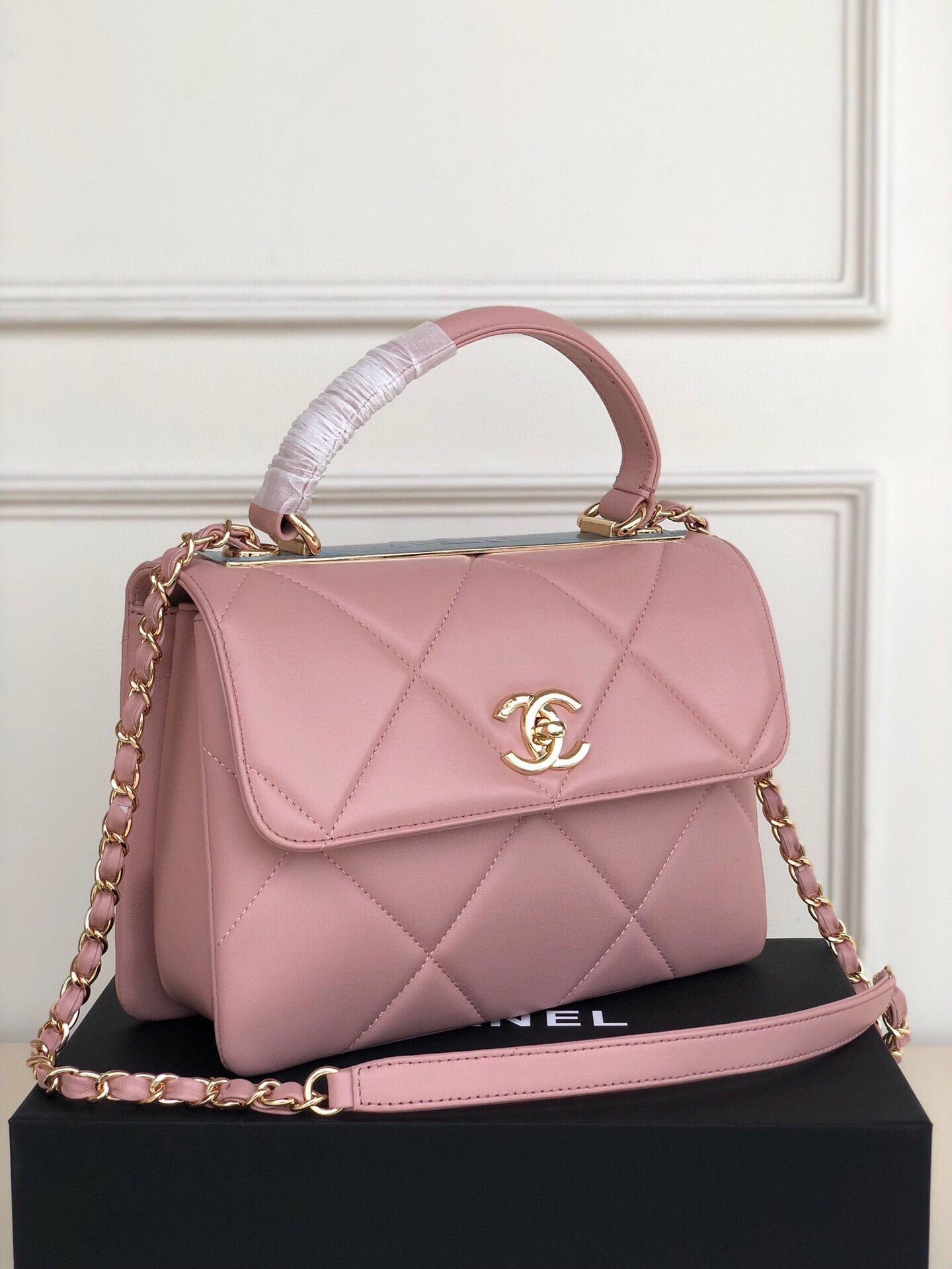 Ch*el flap bag with top handle 6.6 × 9.8 × 4.7 in
