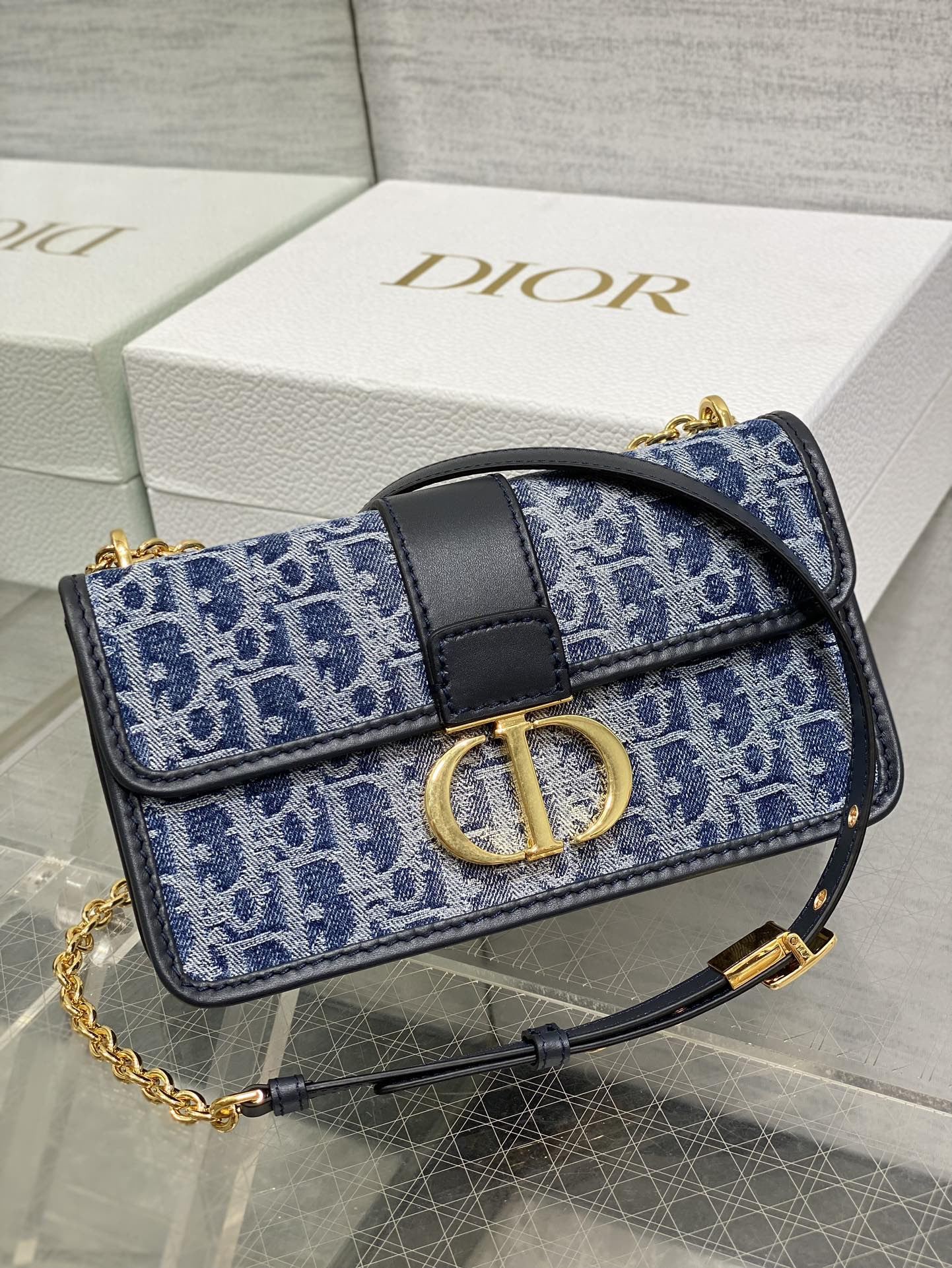 D*or 30 montaigne east-west bag with chain blue denim D*or oblique jacquard  21 x 12 x 6 cm