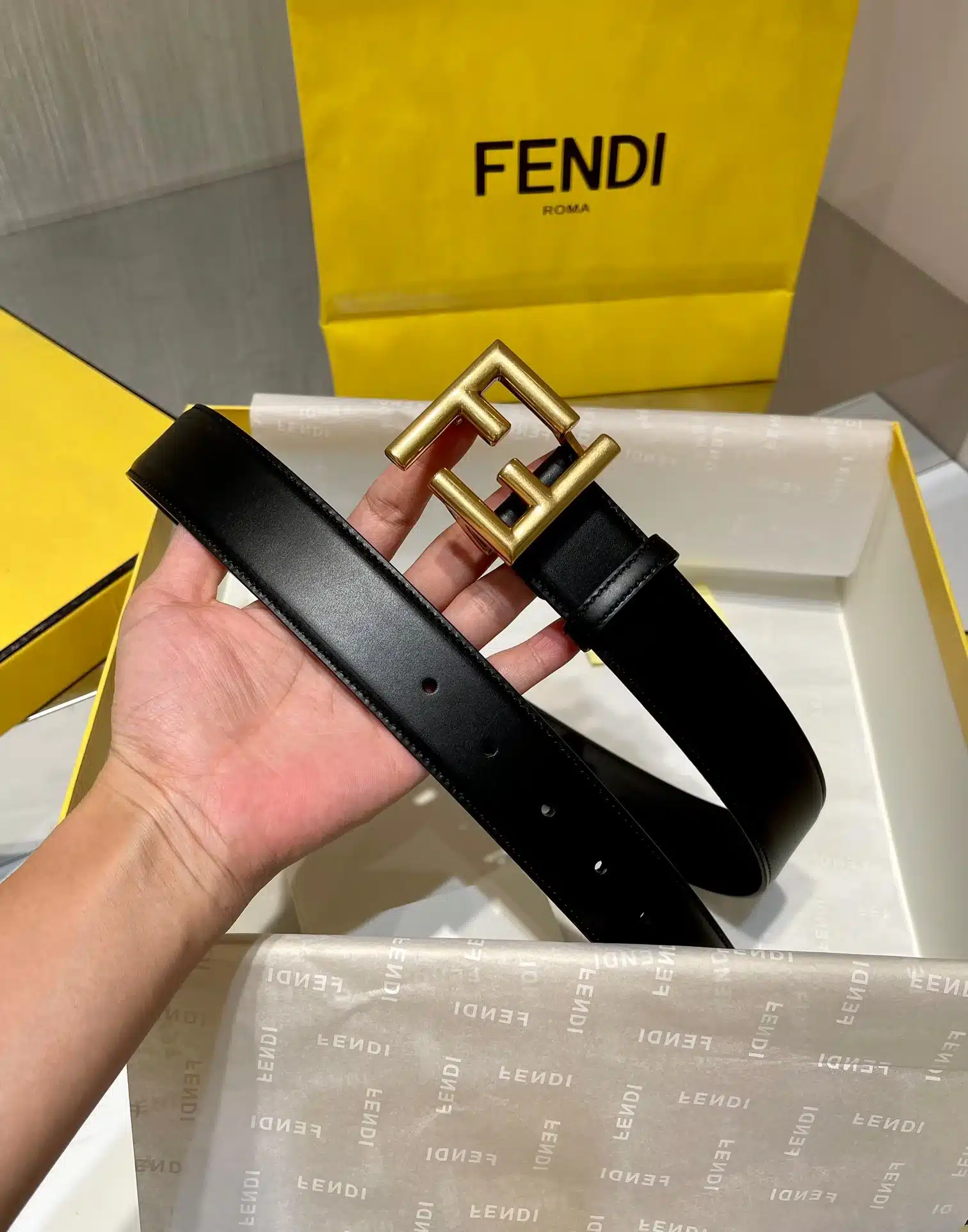F**di Black Leather Belt With Ff Gold Buckle 40Mm