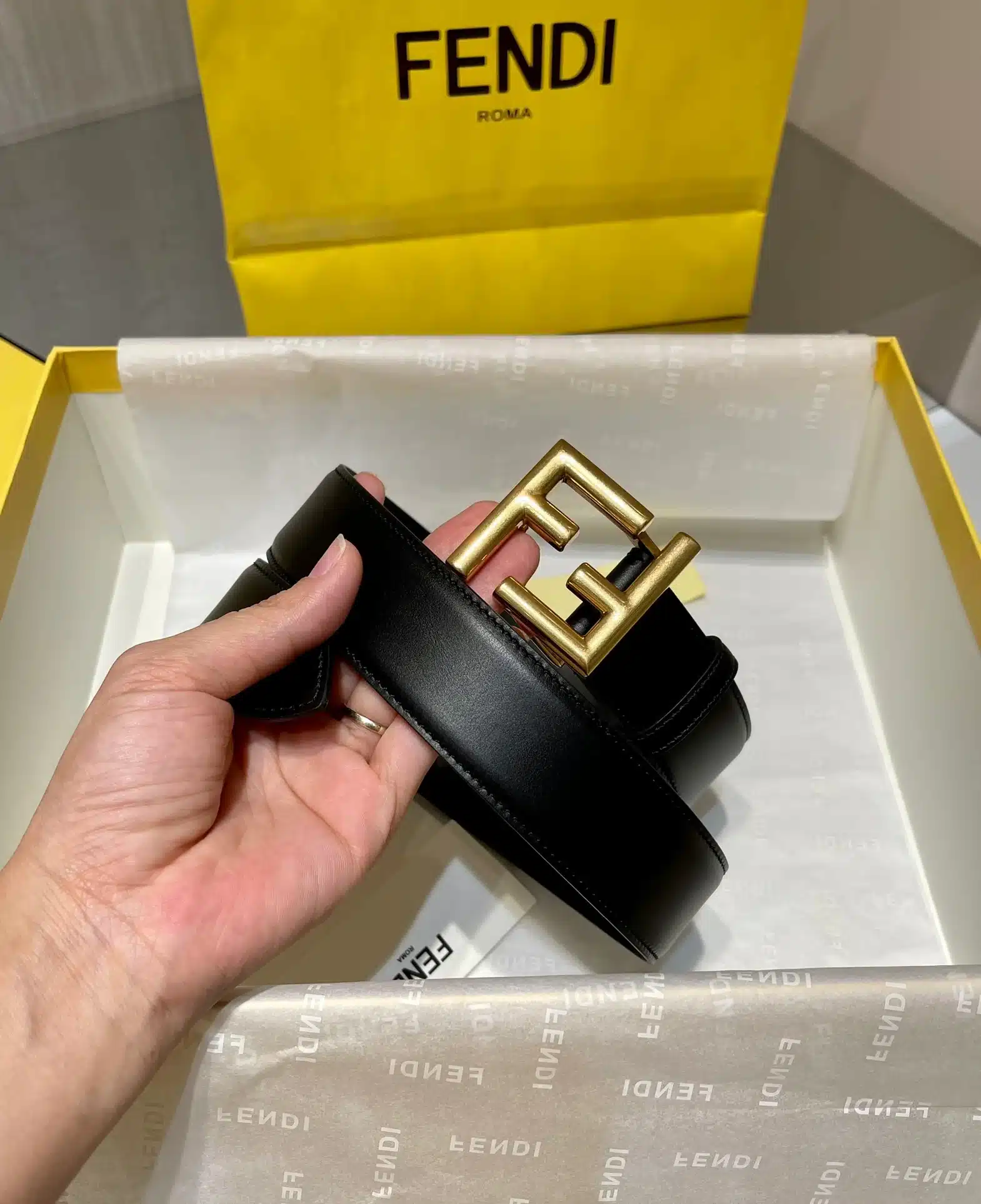 F**di Black Leather Belt With Ff Gold Buckle 40Mm