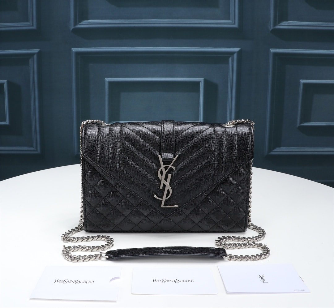 Sa1nt Lau*nt Envelope Small In Quilted Grain De Poudre Embossed Leather Black Silver 21Cm 600195Bow921000