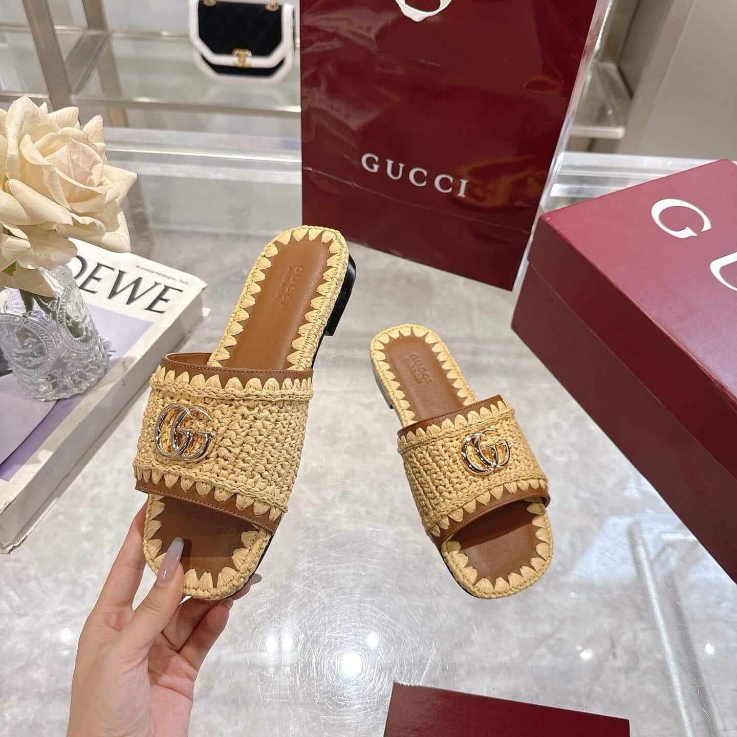 Gvc*1 Women Slide Sandal With Double G Raffia Crochet 835084 Faeq3 9642