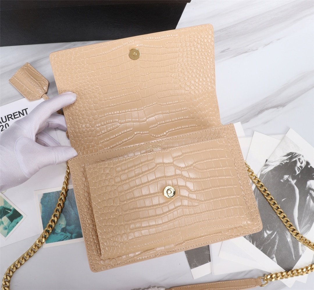 Sa1nt Lau*nt Sunset Medium Chain Bag In Crocodile Embossed Shiny Apricot 22Cm 442906Dnd0N9207
