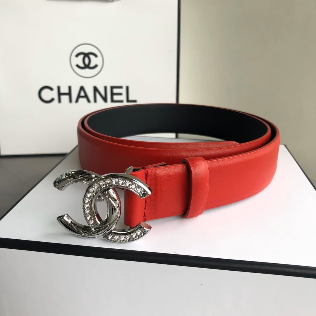 Ch**el Leather Belt With Cc Pearl And Silver Tone Metal Red 3Cm