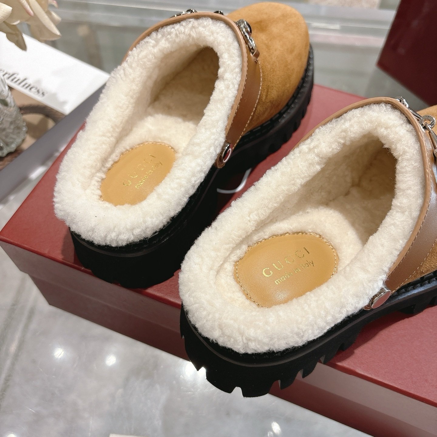 Gvc*1 Horsebit Shearling Mules In Brown Suede