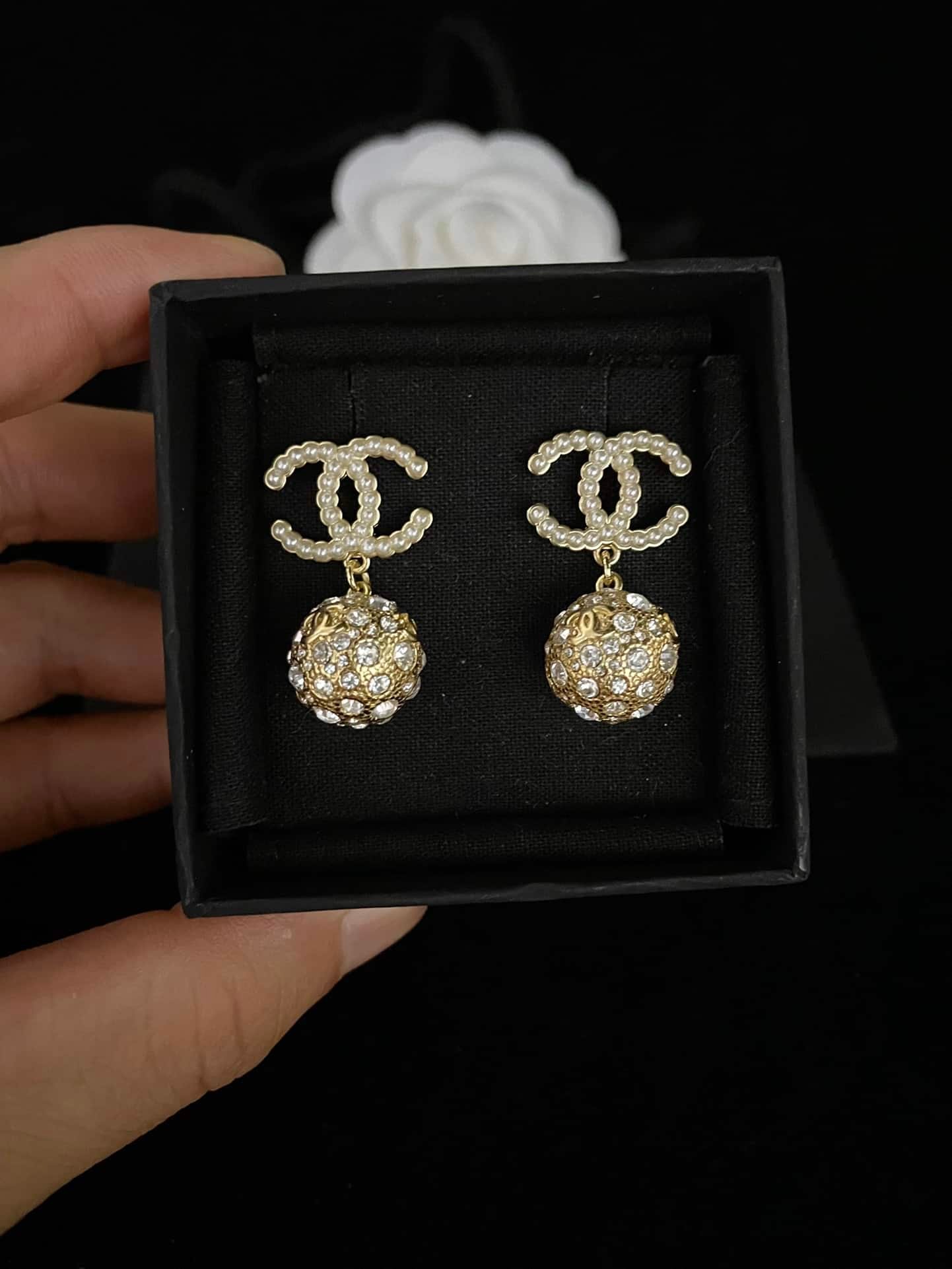 Ch**el New Cc Gold Ball Crystal Pearl Drop Earrings