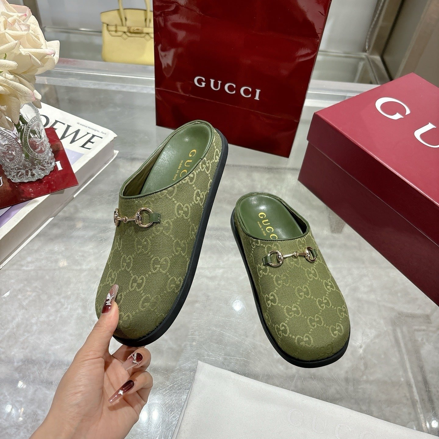 Gvc*1 Women Mule With Horsebit Dark Green Gg Canvas 837130 Fab10 3046