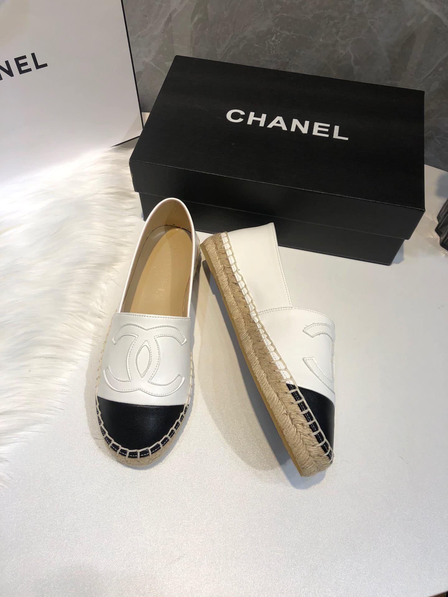 Ch**el Embroidered Espadrille Leather Black Cap Toe Flats White Cc