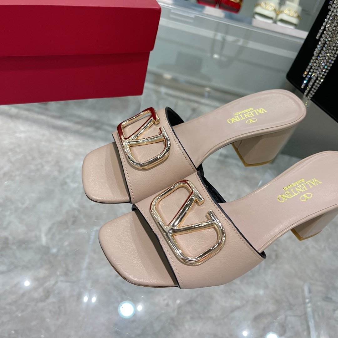 Va1e*ntin0 Vlogo Signature Square Toe Middle Heel Sliver And Poudre Slide Sandal
