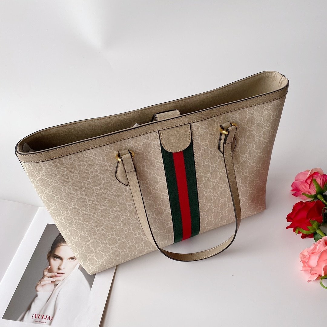 Gvc*1 Ophidia Medium Tote Bag Beige And White 38Cm 631685 Uulag 9682
