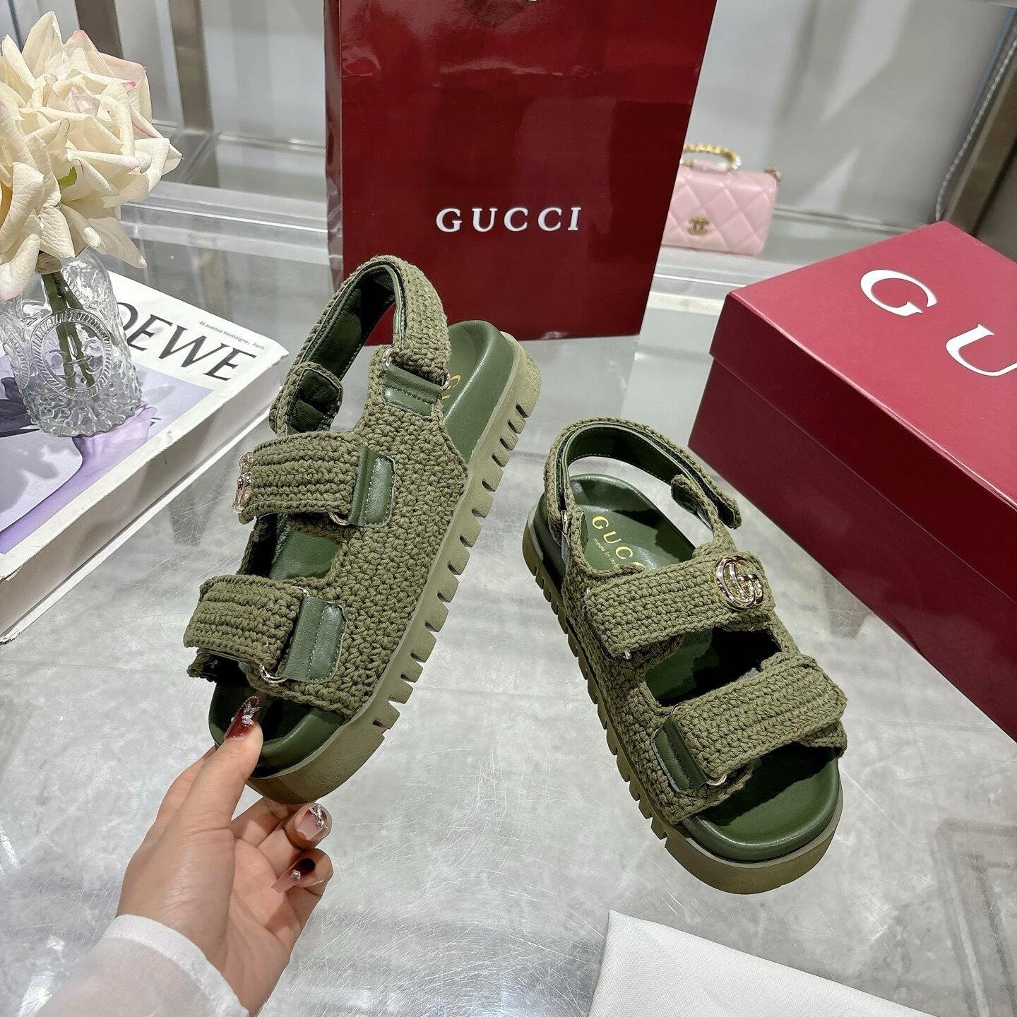 Gvc*1 Women Sandal With Double G Dark Green Crochet ‎835086 Faeq2 3037