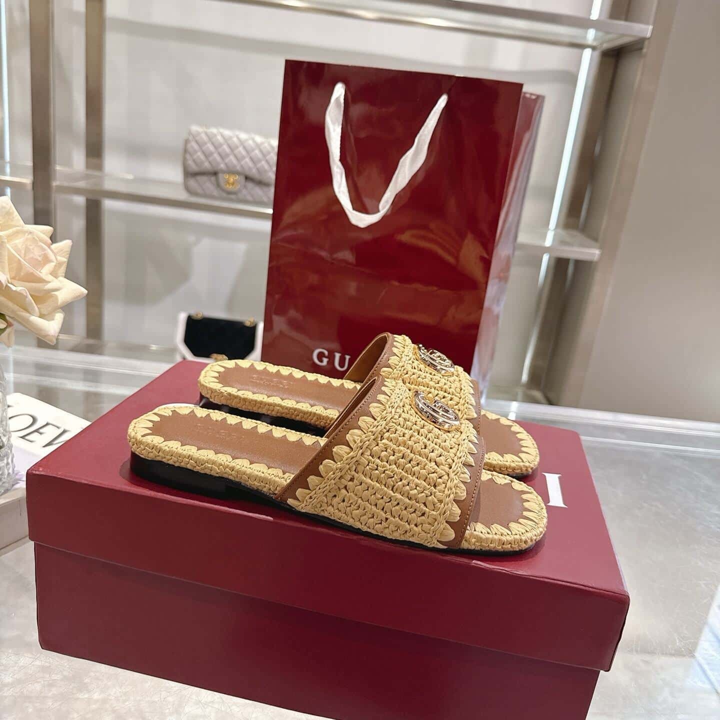 Gvc*1 Women Slide Sandal With Double G Raffia Crochet 835084 Faeq3 9642