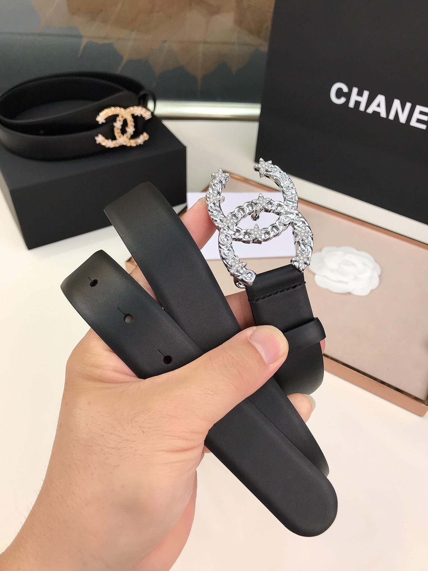 Ch**el Pearls Crystal Sliver Black Belt 28Mm