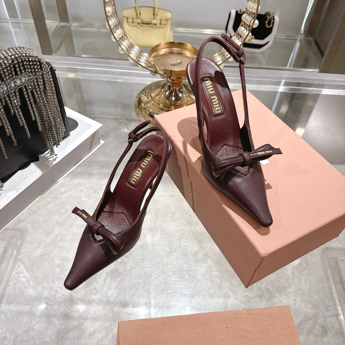 Miu Miu Leather Slingback Pumps With Bow Red