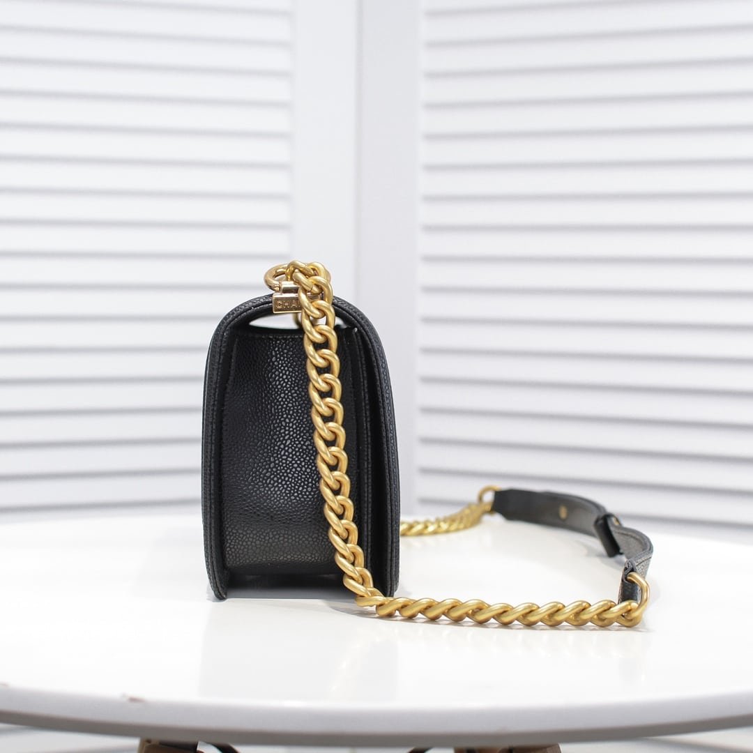 Ch**el Boy Medium Handbag Grained And Gold Tone Metal Black 25Cm