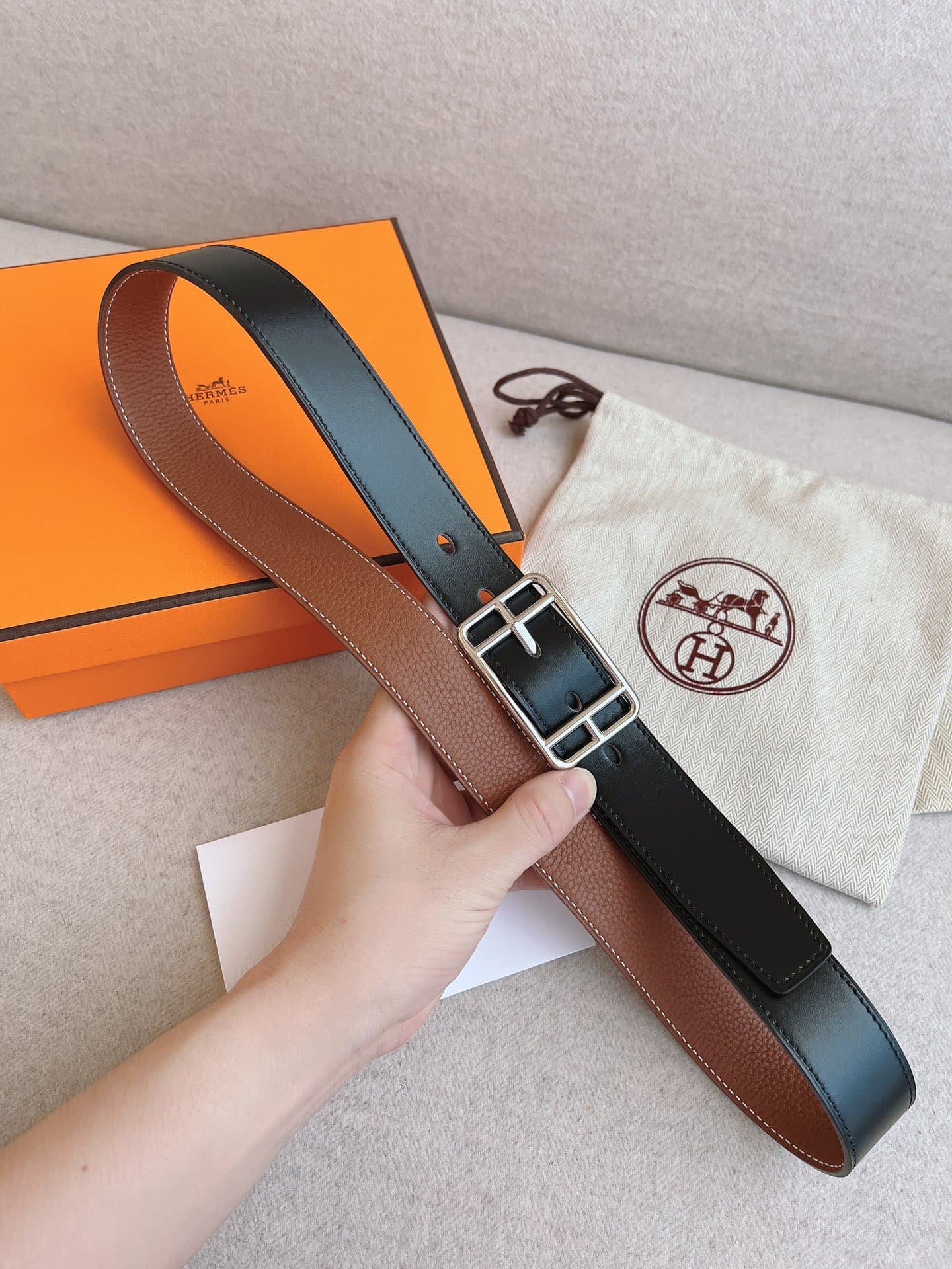 H**me5 Quentin Reversible Belt Brown Rectangle Buckle 32Mm