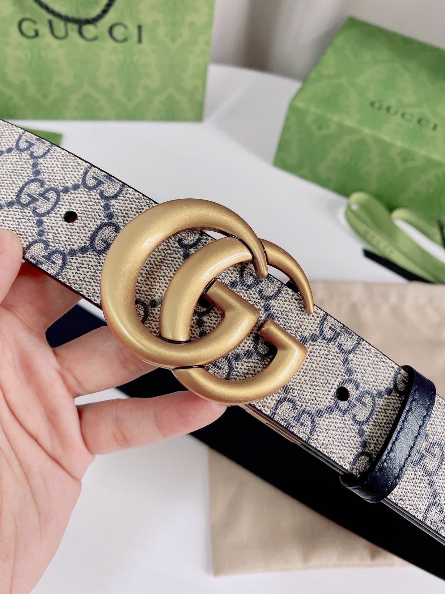 Gvc*1 Gg Marmont Reversible Belt Gold Metal Beige Blue 38Mm 659416 92Tic 9769