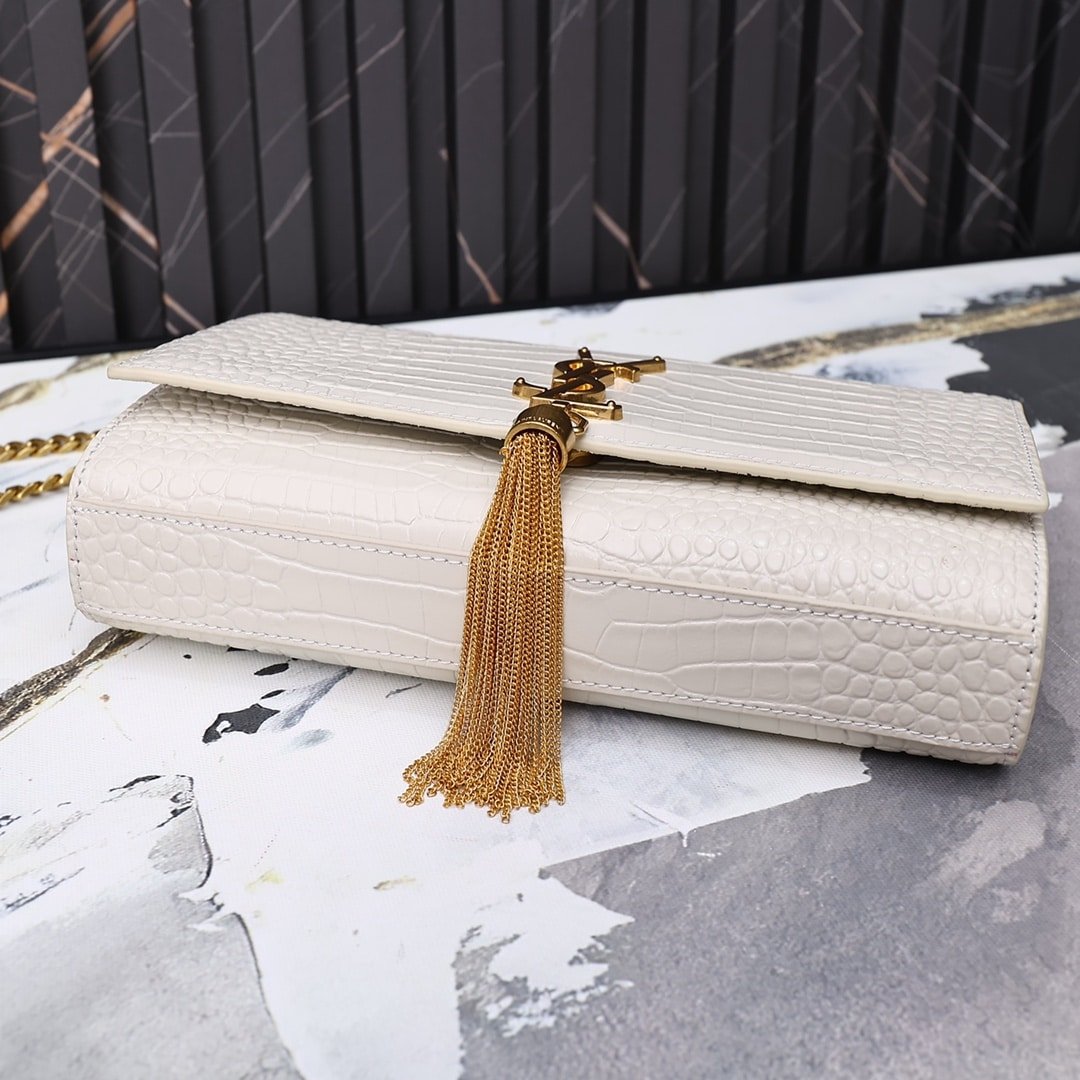 Sa1nt Lau*nt Kate Medium Chain Bag With Tassel In Crocodile-Embossed Shiny White 354119Dnd0J9207
