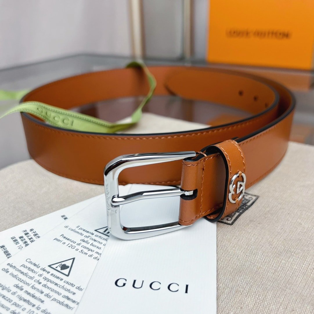 Gvc*1 Belt With Square Buckle And Interlocking G Silver Metal Brown 35Mm